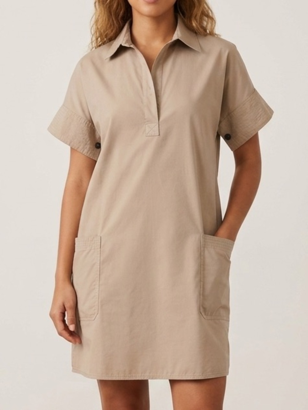 Zara Beige Short-Sleeve Mini Shirt Dress Cotton blend size S